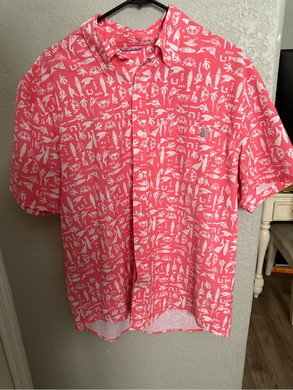 Huk Men's Coral Pink Printed Short-Sleeve Button-Down Shirt